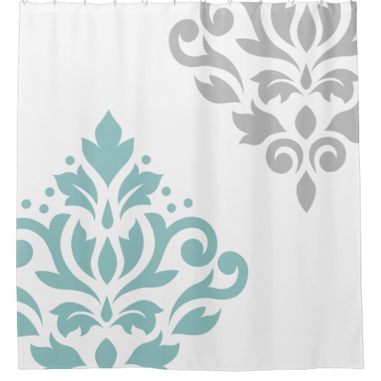 Scroll Damask Art I Teal Grey On White Shower Curtain Zazzle Com