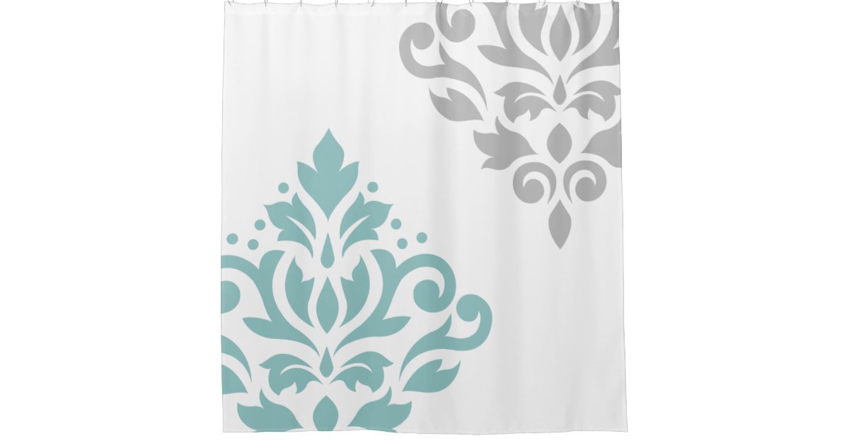 Scroll Damask Art I Teal Grey On White Shower Curtain Zazzle Com