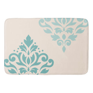 Scroll Damask Art I Teals on Cream Bath Mat