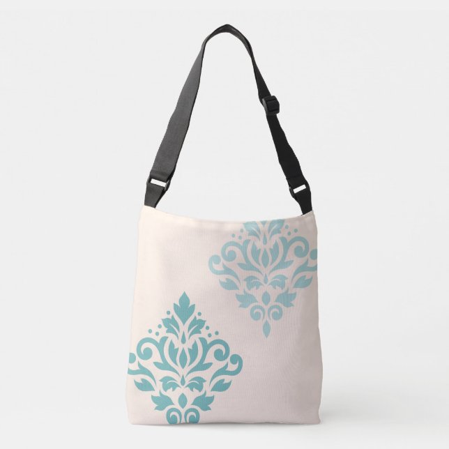 Scroll Damask Art I Teals on Cream Crossbody Bag (Front)