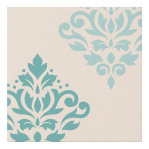 Scroll Damask Art I Teals on Cream Faux Canvas Print