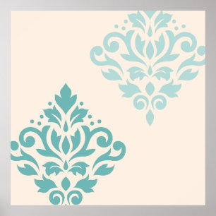 Scroll Damask Art I Teals on Cream Poster