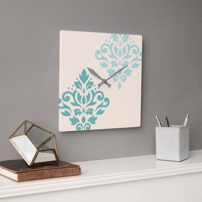 Scroll Damask Art I Teals on Cream Square Wall Clock (Office)