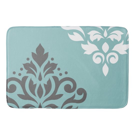 Scroll Damask Art I White Grey On Light Teal Bathroom Mat