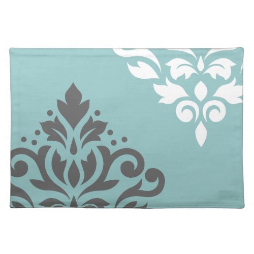 Scroll Damask Art I White  Grey on Light Teal Cloth Placemat