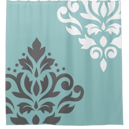 Scroll Damask Art I White  Grey on Light Teal Shower Curtain