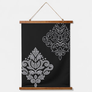 Scroll Damask Art I White Line Gray Black Hanging Tapestry