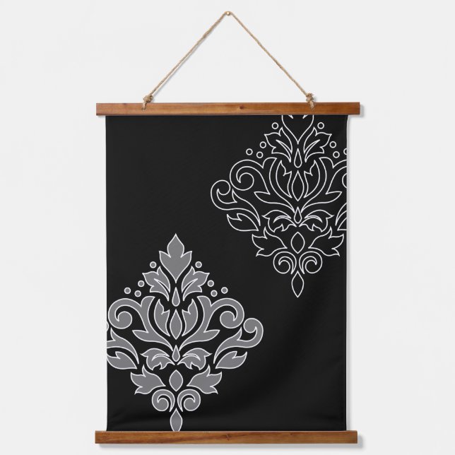 Scroll Damask Art I White Line Gray Black Hanging Tapestry (Front)