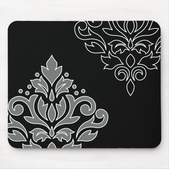 Scroll Damask Art I White Line Gray Black Mouse Pad (Front)
