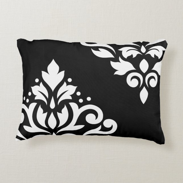 Scroll Damask Art I White on Black Accent Pillow (Back)