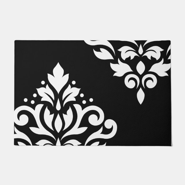 Scroll Damask Art I White on Black Doormat (Front)
