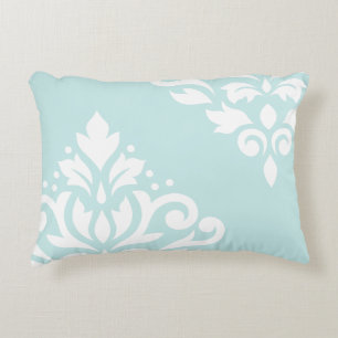 Scroll Damask Art I White on Duck Egg Blue Accent Pillow