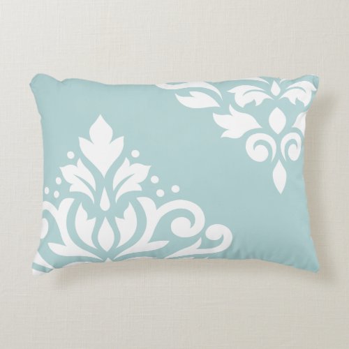 Scroll Damask Art I White on Duck Egg Blue B Decorative Pillow
