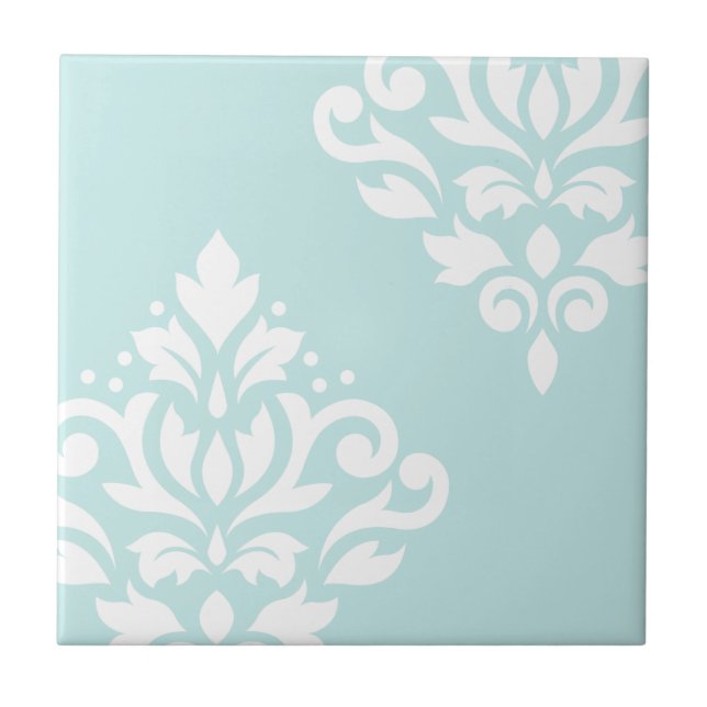 Scroll Damask Art I White on Duck Egg Blue Tile (Front)