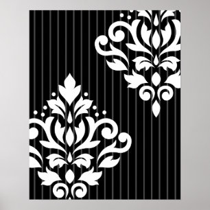 Scroll Damask Art I White on Gray Stripes & Black Poster