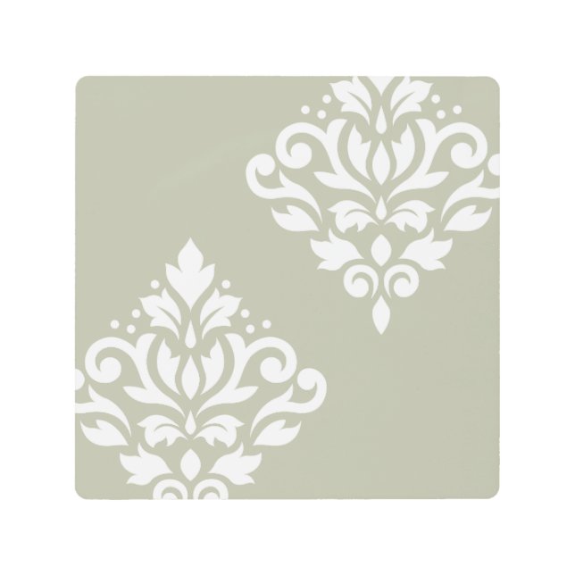 Scroll Damask Art I White on Green (Front)