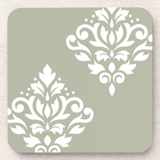Scroll Damask Art I White on Green Beverage Coaster (Front)