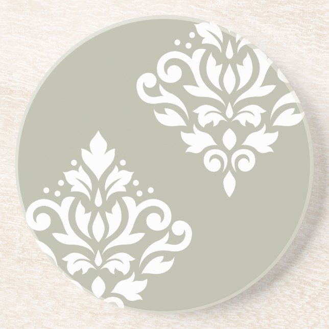 Scroll Damask Art I White on Green Coaster (Front)