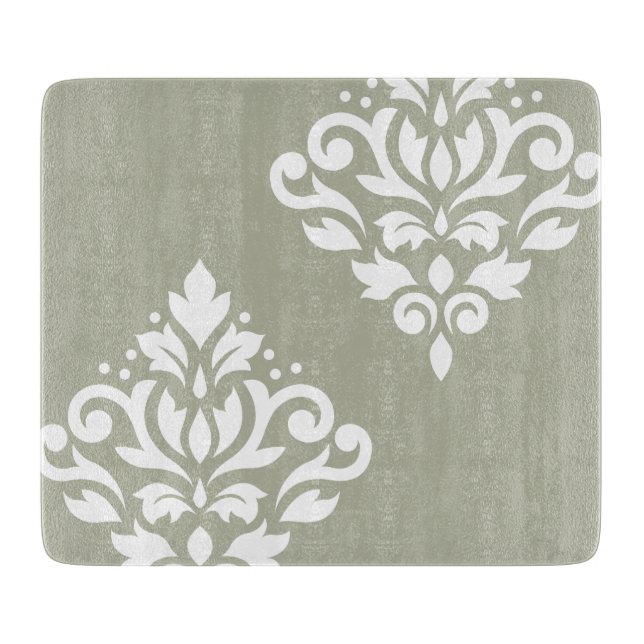 Scroll Damask Art I White on Green Cutting Board (Front)