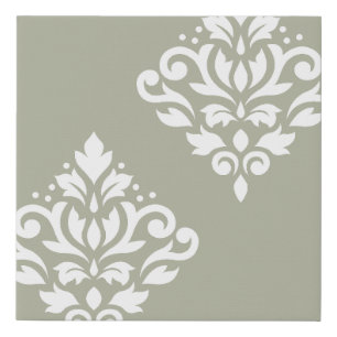 Scroll Damask Art I White on Green Faux Canvas Print