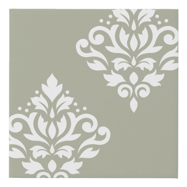 Scroll Damask Art I White on Green Faux Canvas Print (Front)