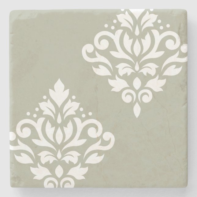 Scroll Damask Art I White on Green Stone Coaster (Front)