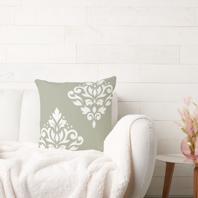 Scroll Damask Art I White on Green Throw Pillow (Couch)