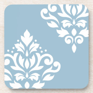 Scroll Damask Art I White on Light Blue Drink Coaster