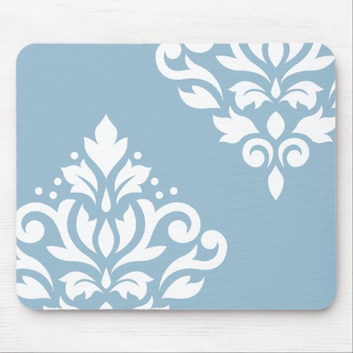 Scroll Damask Art I White on Light Blue Mouse Pad