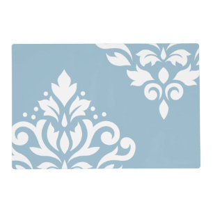 Scroll Damask Art I White on Light Blue Placemat