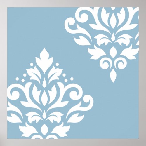 Scroll Damask Art I White on Light Blue Poster