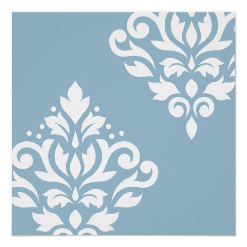 Scroll Damask Art I White on Light Blue Poster