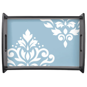 Scroll Damask Art I White on Light Blue Serving Tray