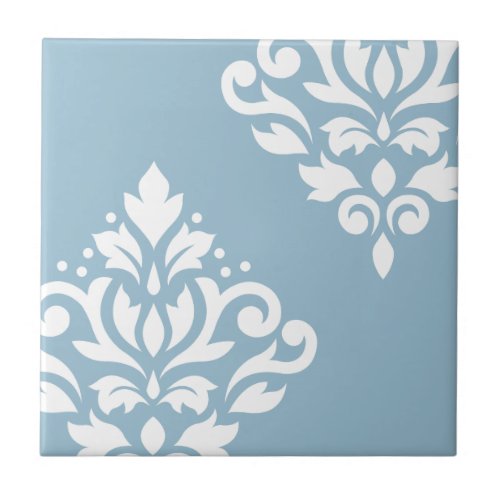 Scroll Damask Art I White on Light Blue Tile