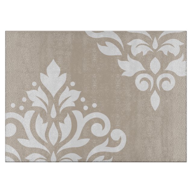 Scroll Damask Art I White on Light Taupe Cutting Board (Front)