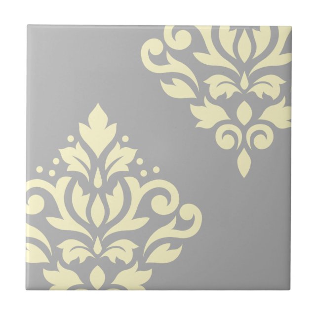 Scroll Damask Art I Yellow on Grey Ceramic Tile (Front)