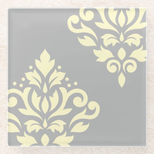 Scroll Damask Art I Yellow on Grey Glass Coaster