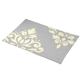 Scroll Damask Art I Yellow On Grey Placemat by NataliePaskellDesign at Zazzle