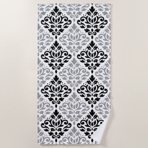 Scroll Damask Big Pattern Black Gray White Beach Towel