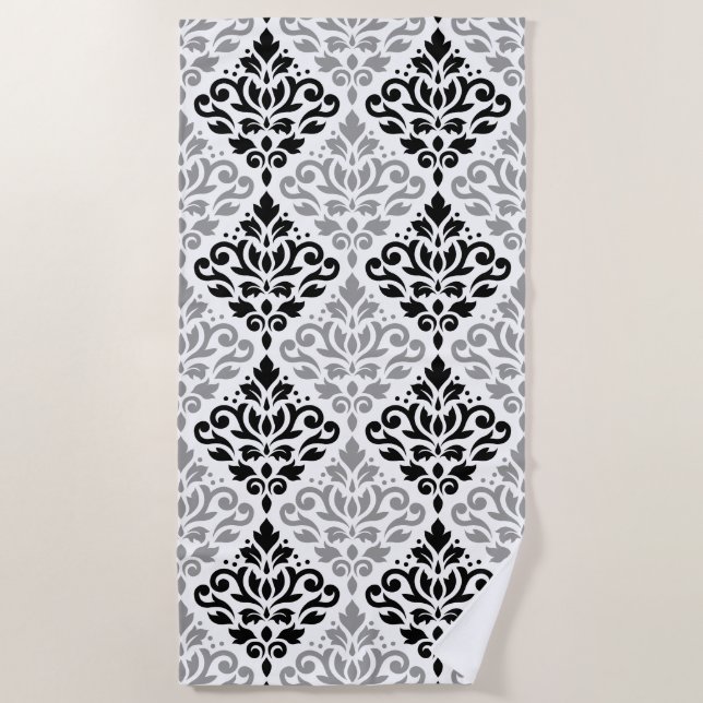 Scroll Damask Big Pattern Black Gray White Beach Towel (Front)