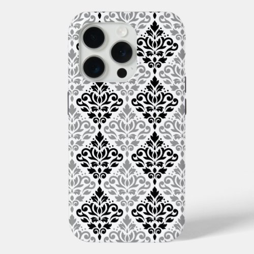 Scroll Damask Big Pattern Black Gray White iPhone 15 Pro Case