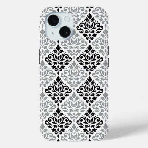 Scroll Damask Big Pattern Black Gray White iPhone 15 Case