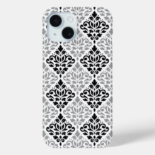 Scroll Damask Big Pattern Black Gray White iPhone 15 Case