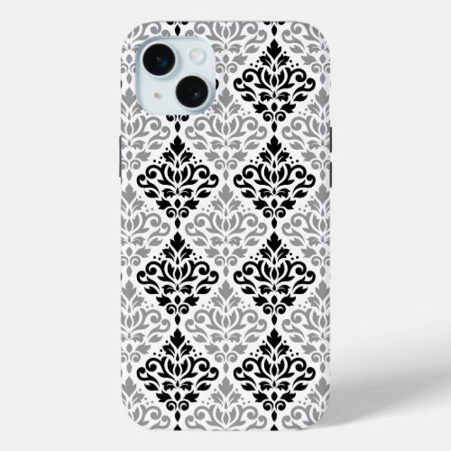 Scroll Damask Big Pattern Black Gray White iPhone 15 Plus Case