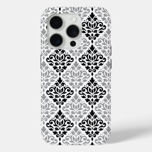 Scroll Damask Big Pattern Black Gray White iPhone 15 Pro Case