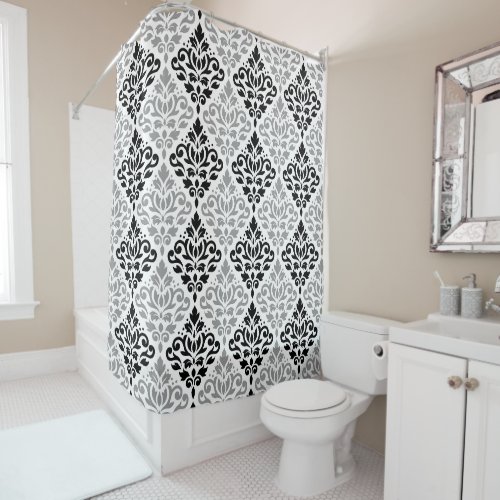 Scroll Damask Big Pattern Black Gray White Shower Curtain