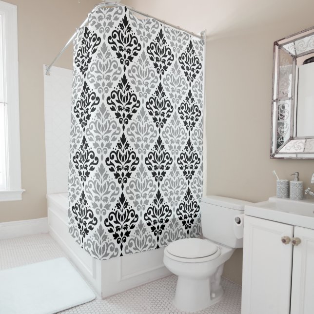 Scroll Damask Big Pattern Black Gray White Shower Curtain (In Situ)