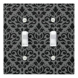 Scroll Damask Big Pattern Black on Gray Light Switch Cover
