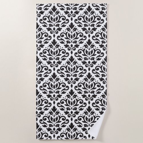 Scroll Damask Big Pattern Black on White Beach Towel