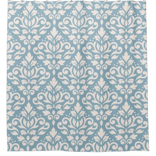 Scroll Damask Big Pattern Cream on Blue Shower Curtain